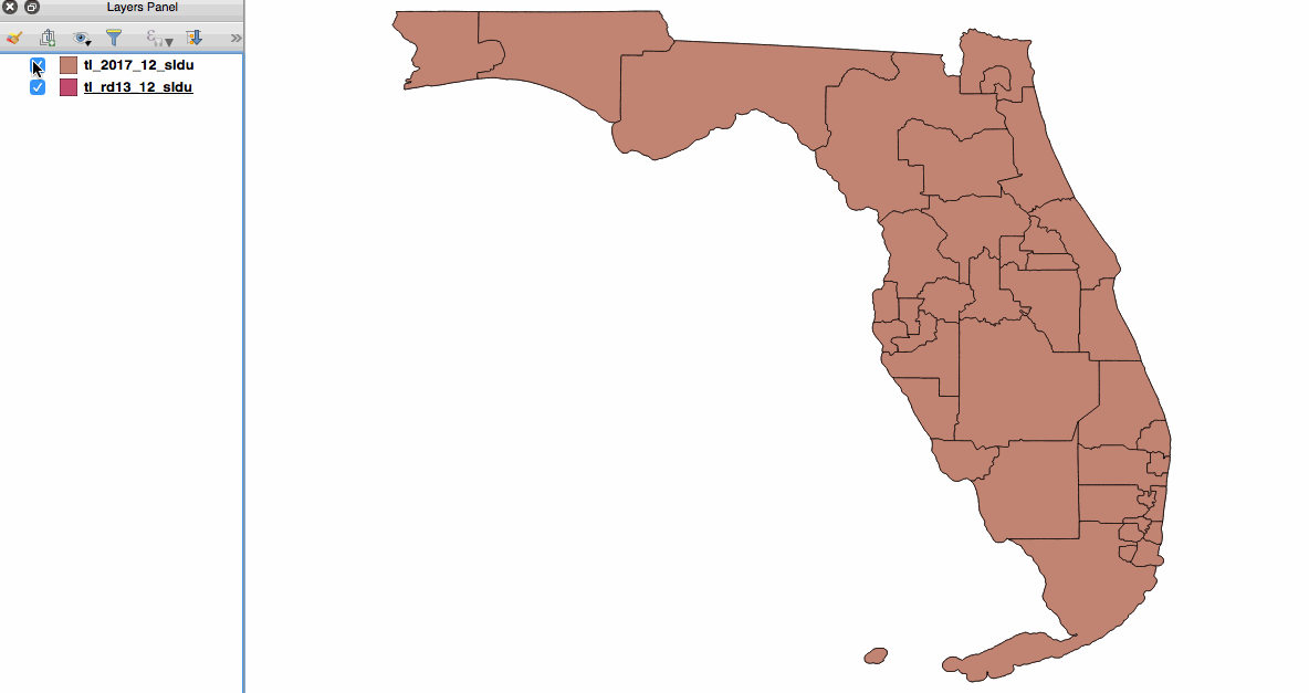 Contrasting the 2013 and 2017 Census files of Florida State Senate boundaries